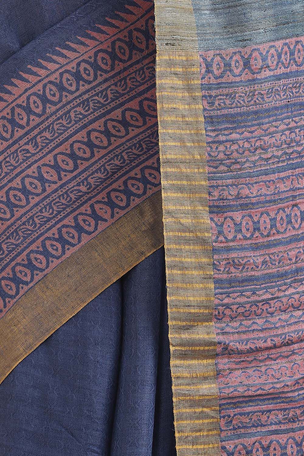 Dark Pure Blue Linen Printed Saree image number null