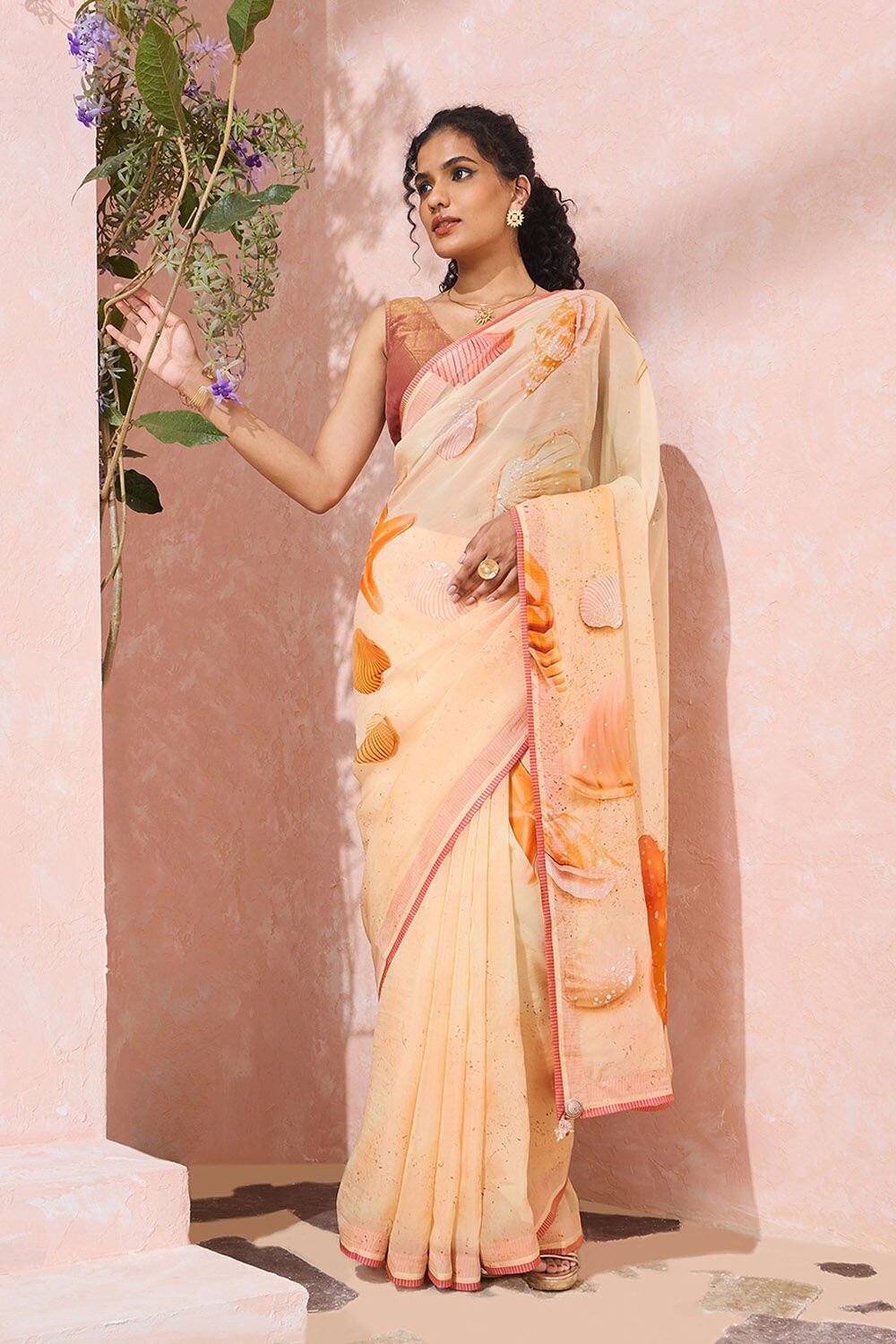 Orange Printed Embroidered Viscose Organza Saree image number null