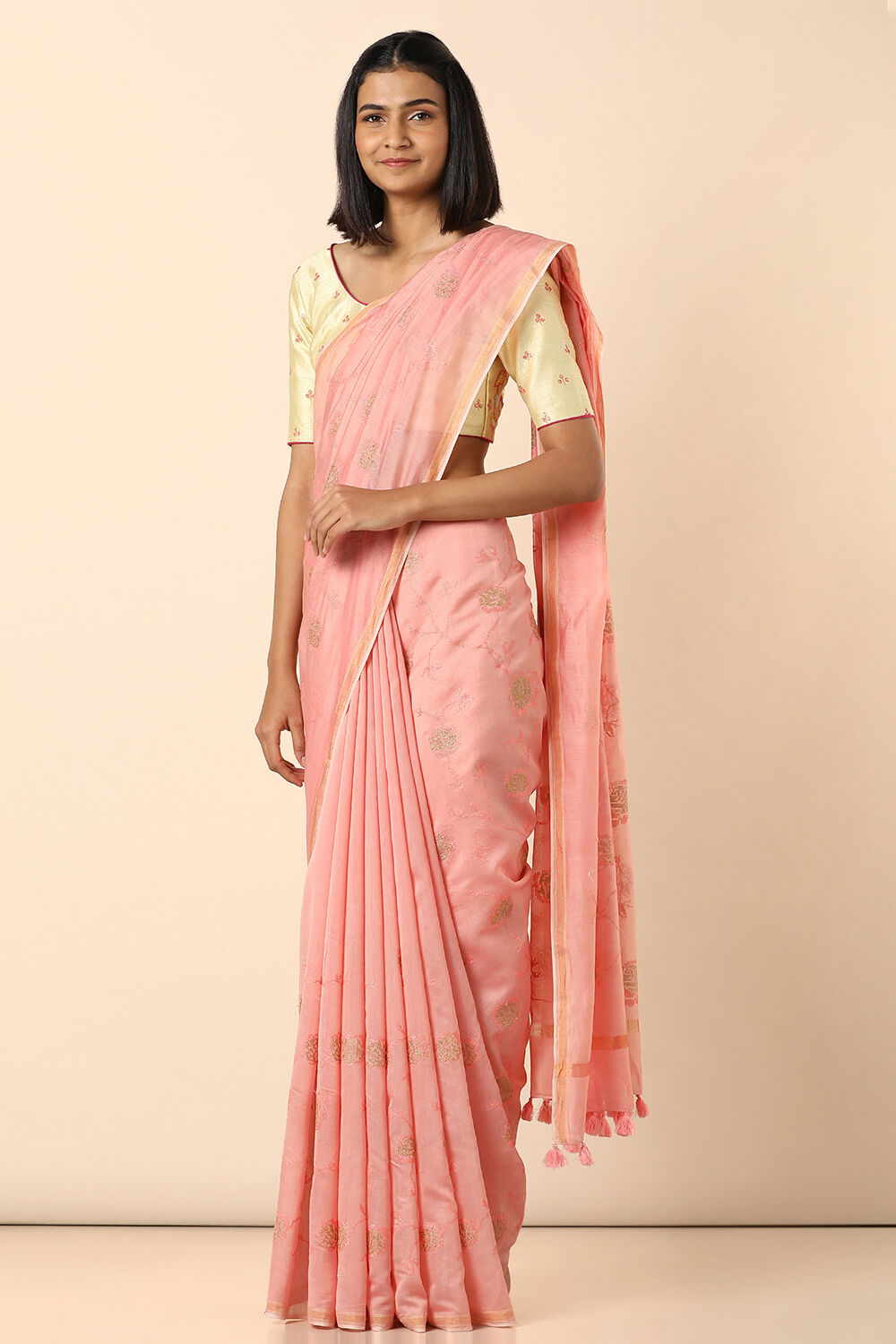 Light Pink Pure Silk Cotton Embroidered Saree image number null