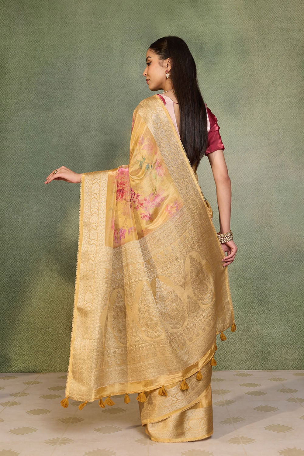 Yellow Printed Viscose Tissue Saree image number null