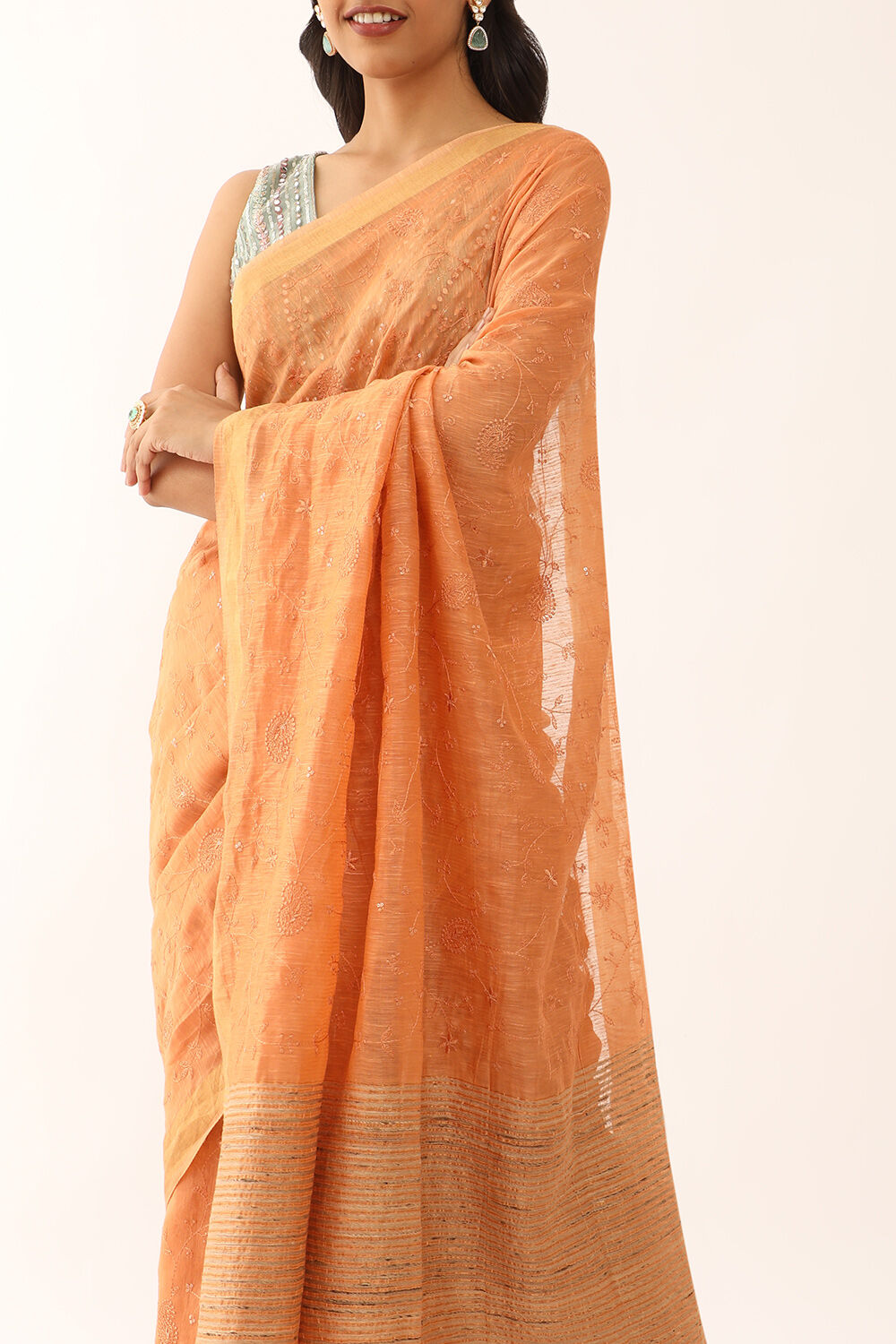 Orange Bhagalpur Pure Silk Linen Embroidered Saree image number null