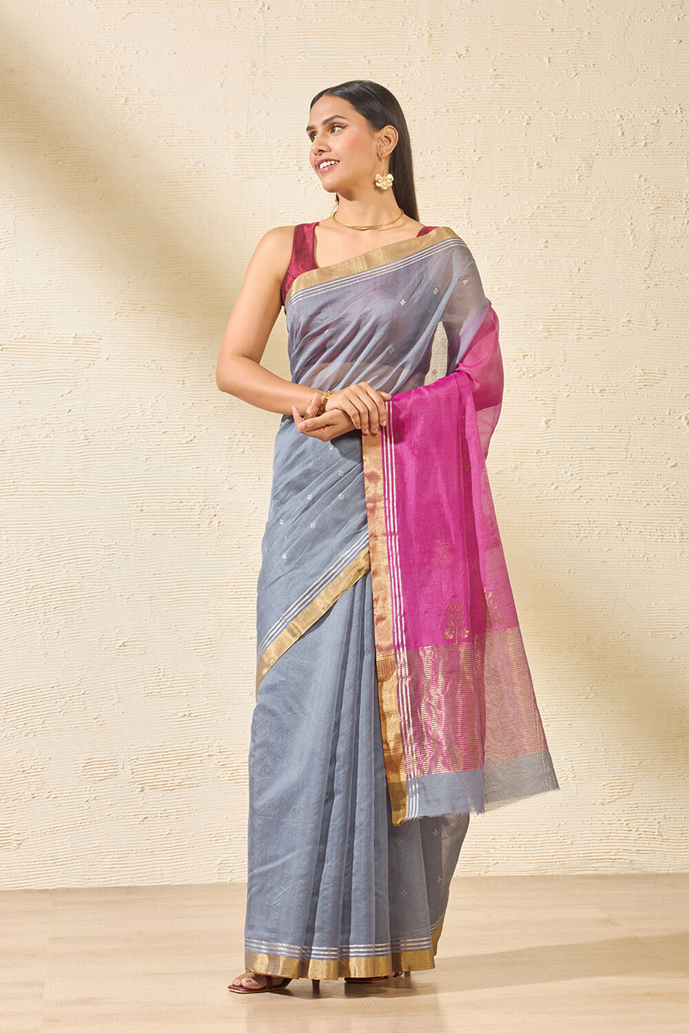 Grey Woven Pure Silk Cotton Chanderi Saree image number null