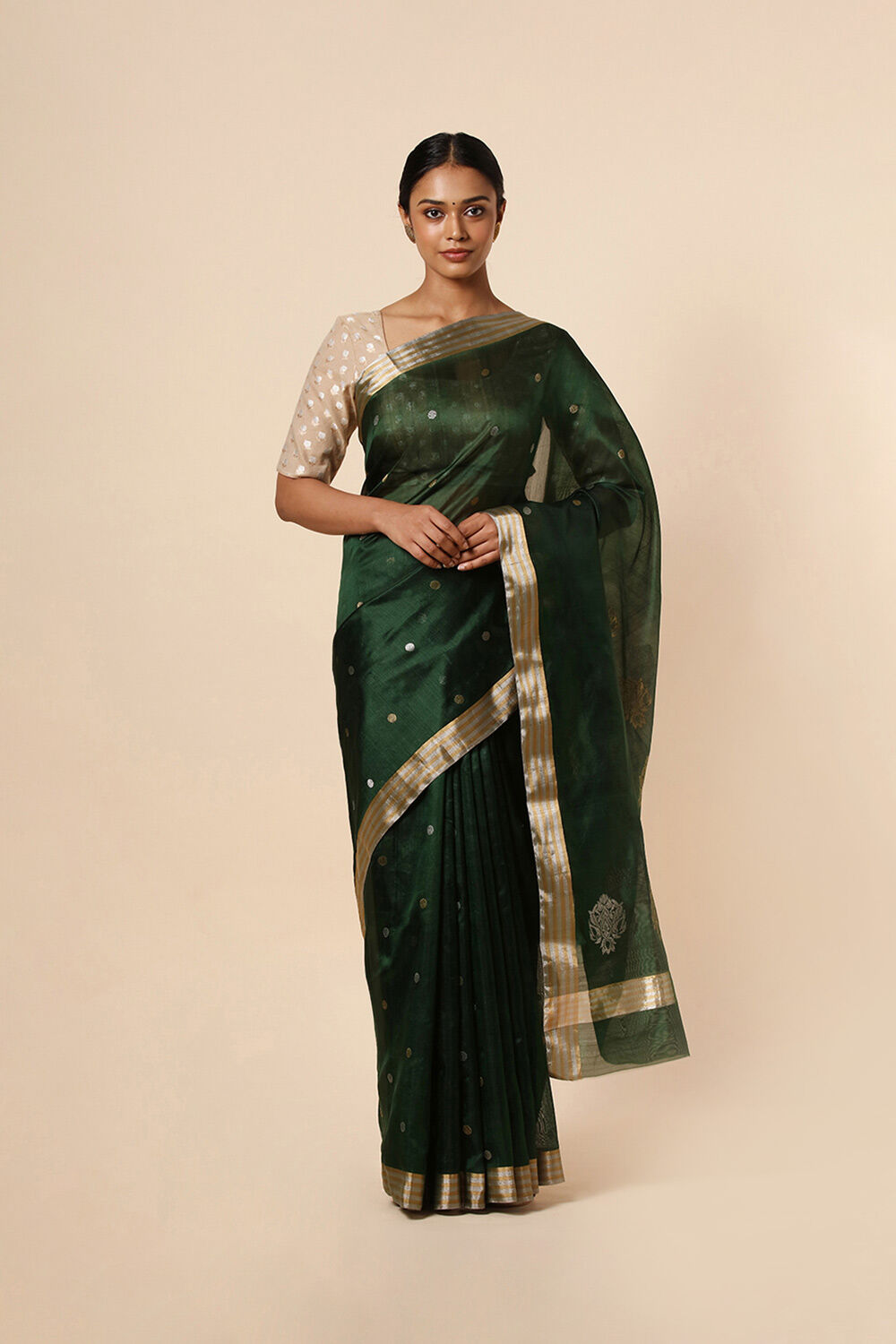 Dark Pure Green Silk Chanderi Saree image number null