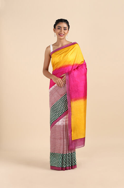 Yellow Pure Silk Printed Saree