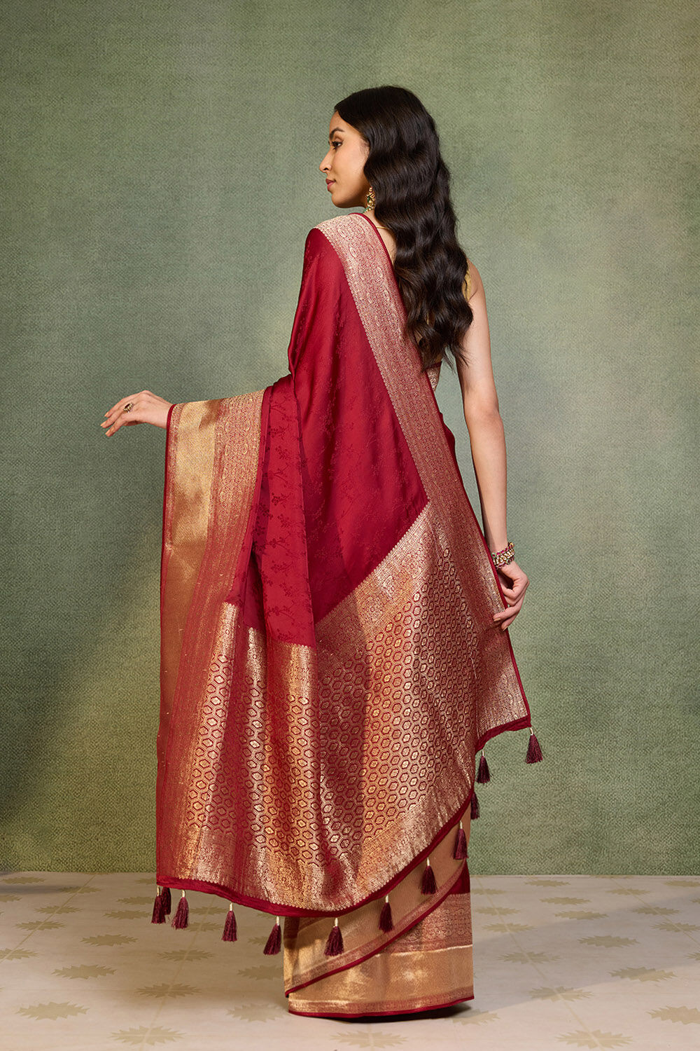 Red Viscose Satin Tanchoi Saree image number null