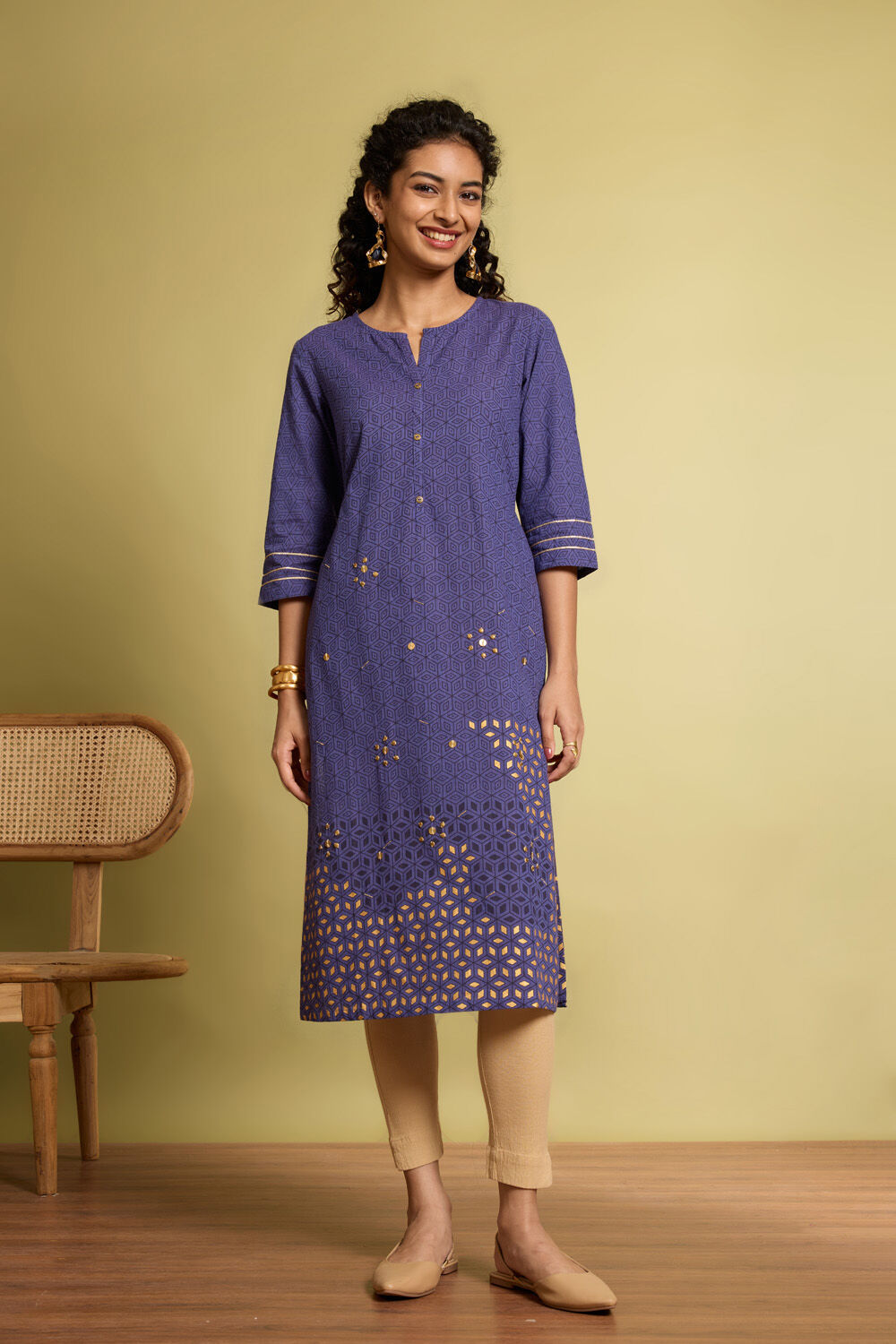 Blue Block Printed Pure Cotton Kurta image number null
