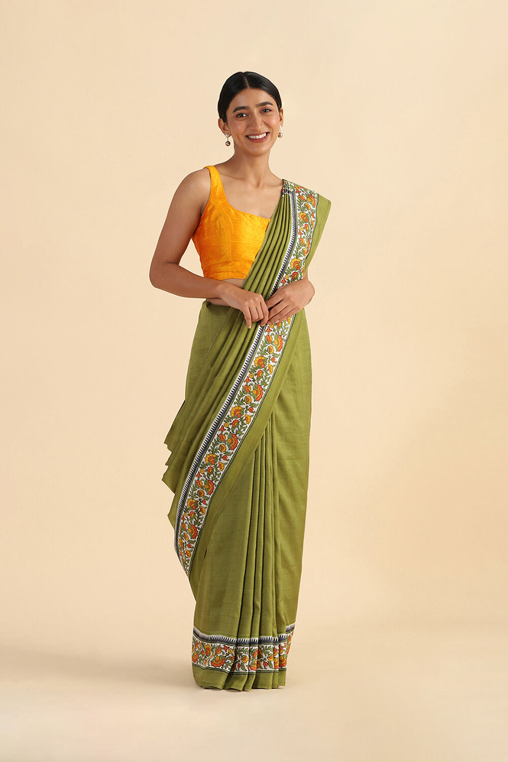 Light Green Hand Blockprinted Pure Silk Saree image number null