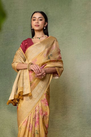 Yellow Printed Viscose Tissue Saree image number