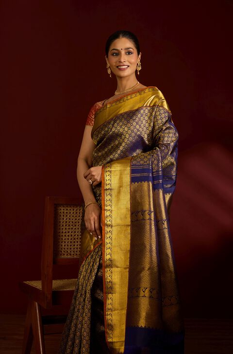 Dark Violet Pure Silk Woven Kanjivaram Saree