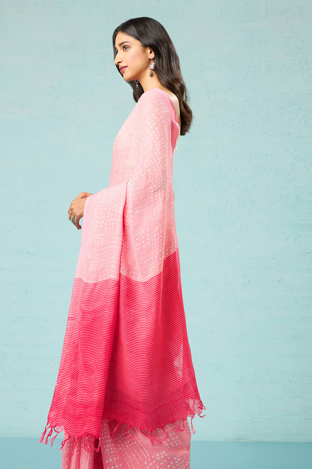 Pink Screen Printed Pure Linen Saree image number null