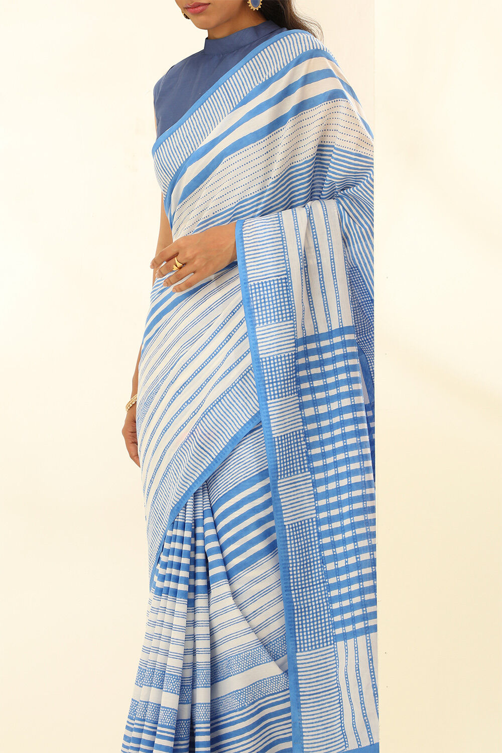 Blue Pure Cotton Bagru Block Printed Saree image number null
