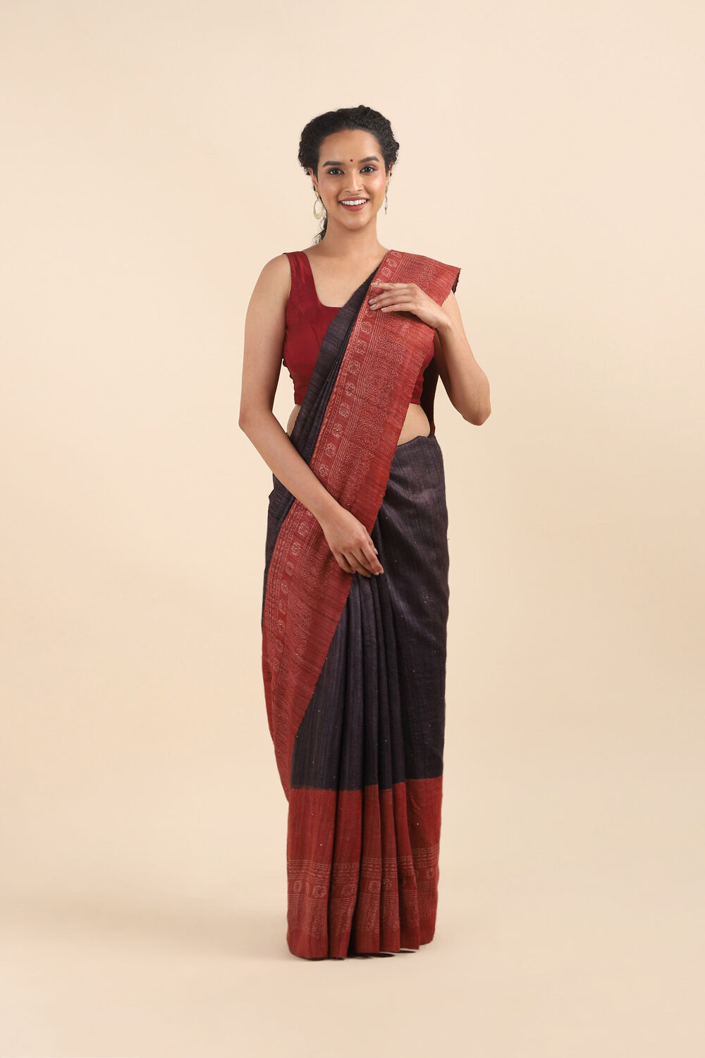 Dark Violet Pure Tussar Vanya Ajrakh Printed Saree image number null