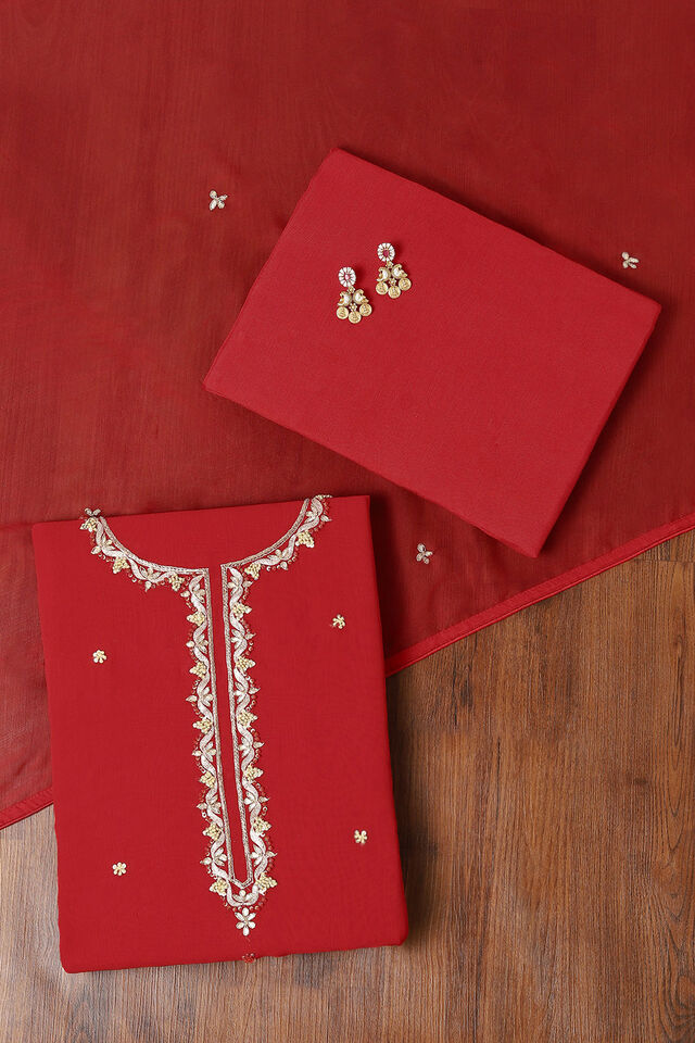 Red Viscose Embroidered Unstitched Suit Set