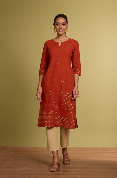 Orange Block Printed Pure Cotton Kurta