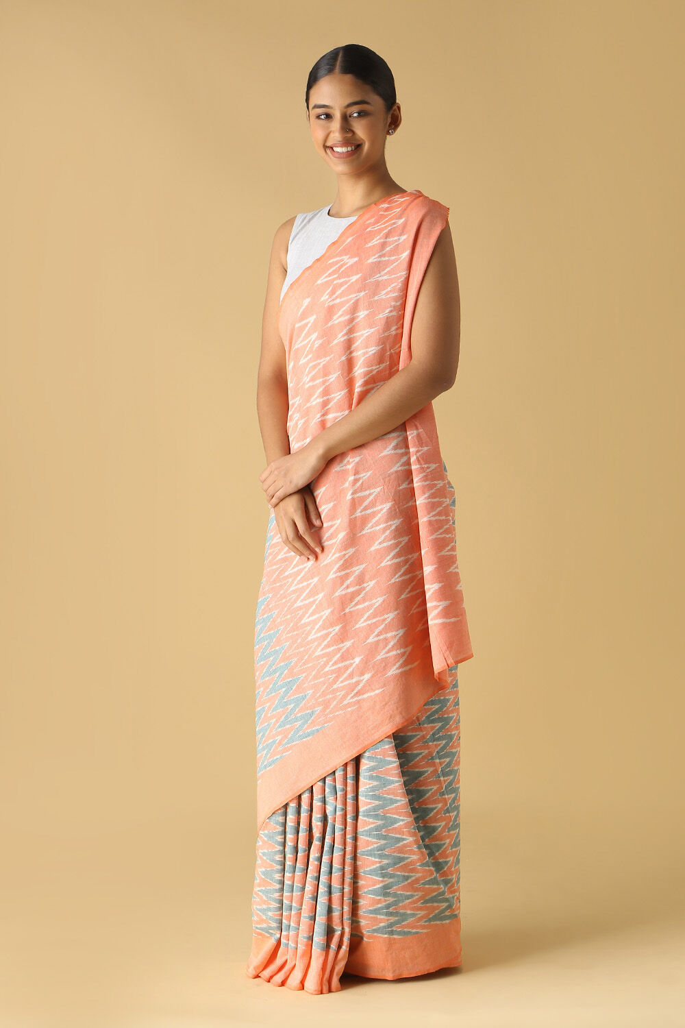 Light Orange Pure Cotton Pochampalli Ikat Saree image number null