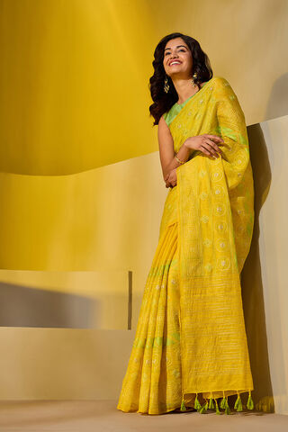 Yellow  Pure Tissue Linen Embroidered Saree image number