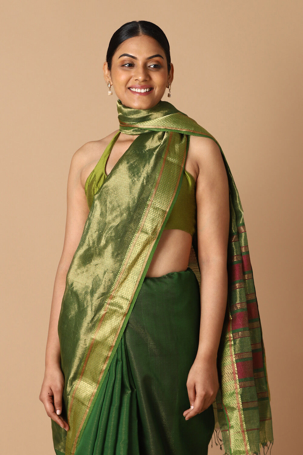 Green Pure Silk Cotton Maheswari Saree image number null