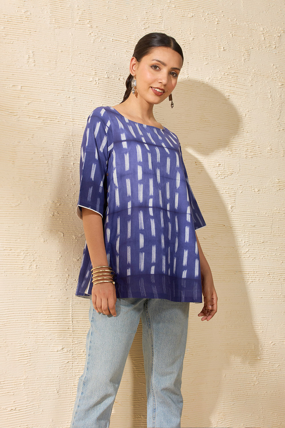 Blue Pure Cotton Tie and Dye Shibori Short Top image number null
