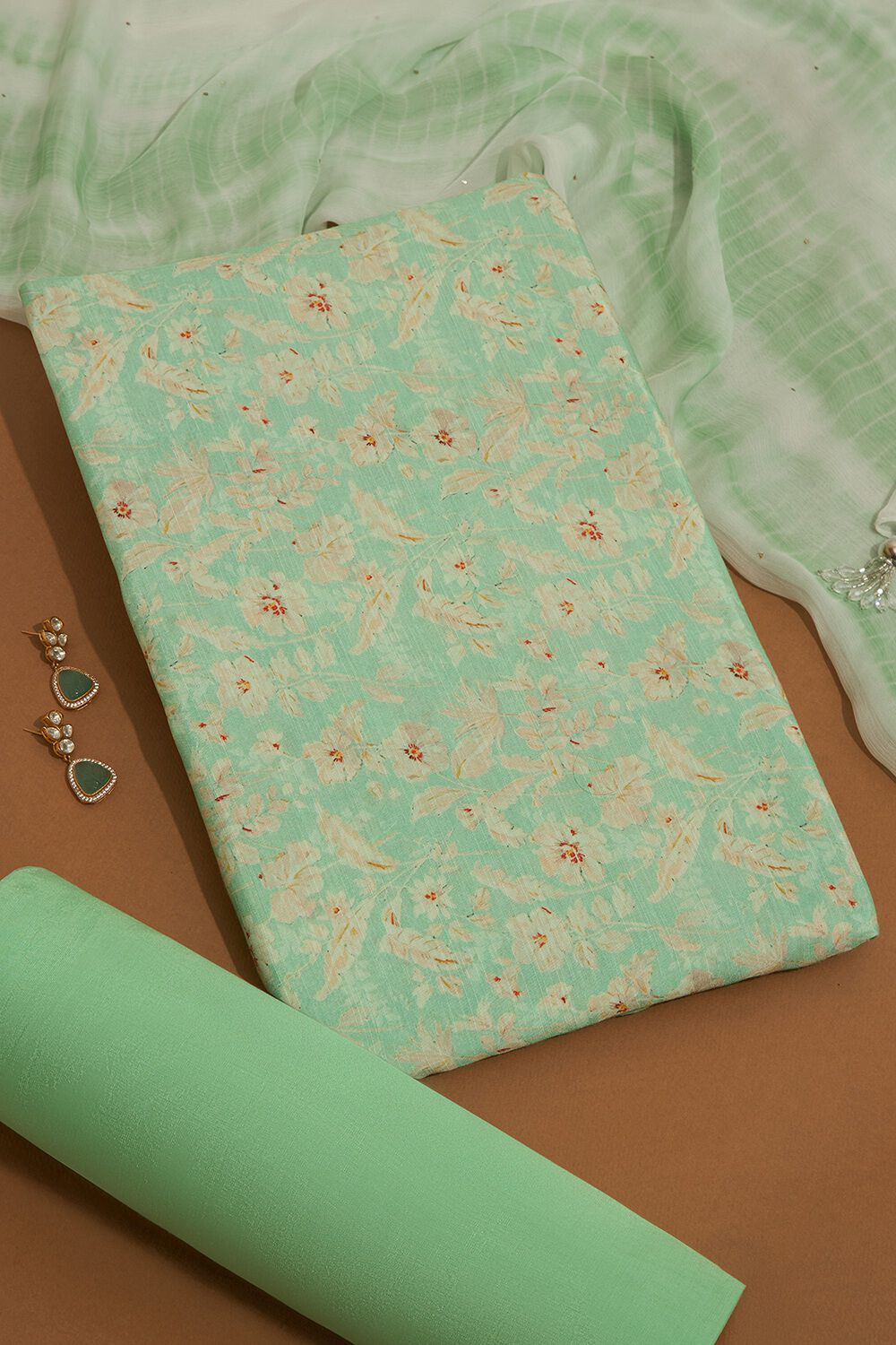 Light Green Printed Viscose Unstitched Suit Set image number null