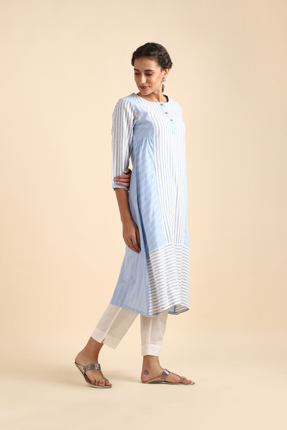 Light Blue Cotton Striped woven Kurta image number null