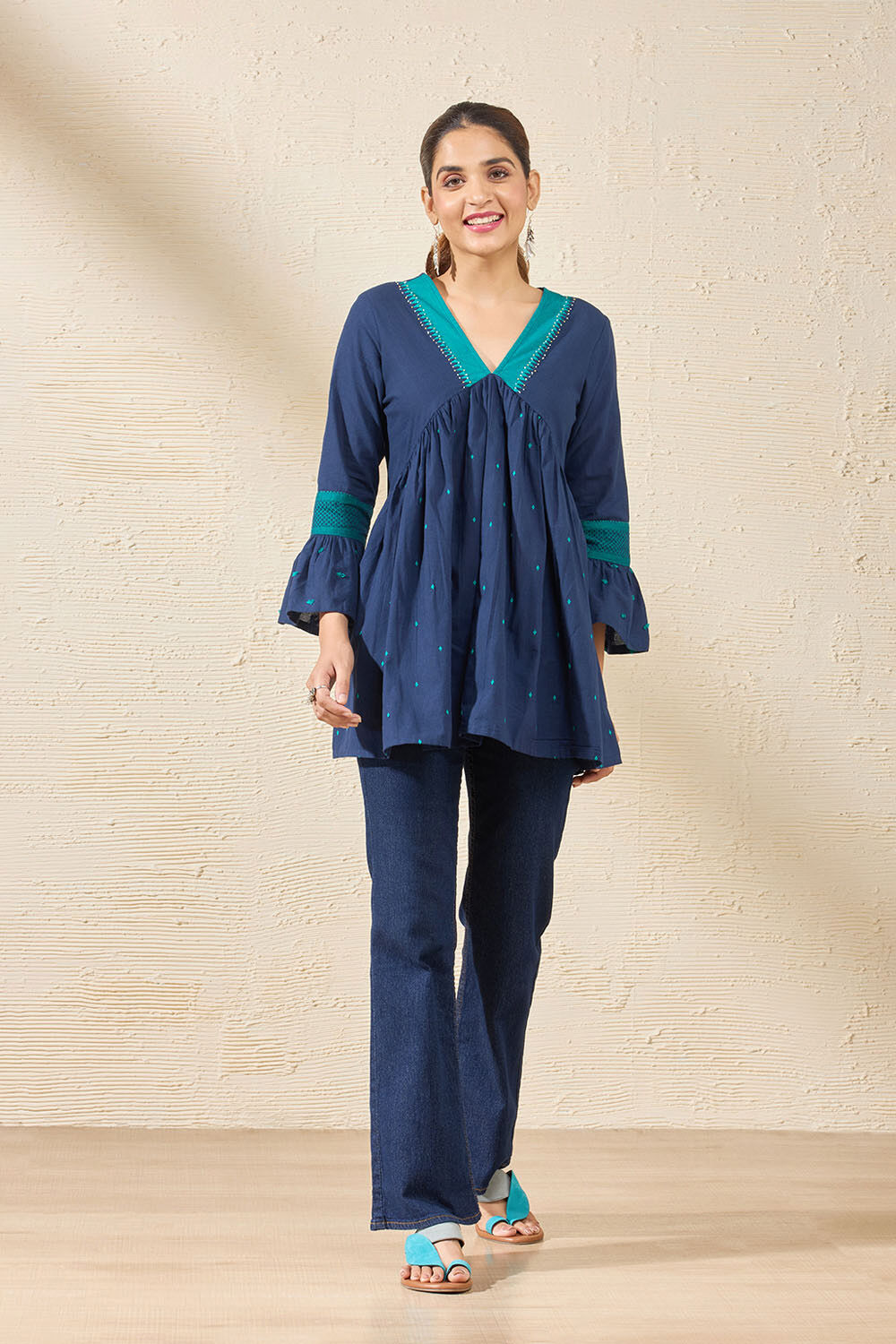 Blue Pure Cotton Woven Short Top image number null