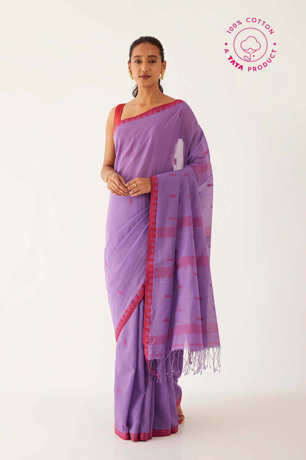 Purple Pure Cotton Woven Bengali Saree image number null