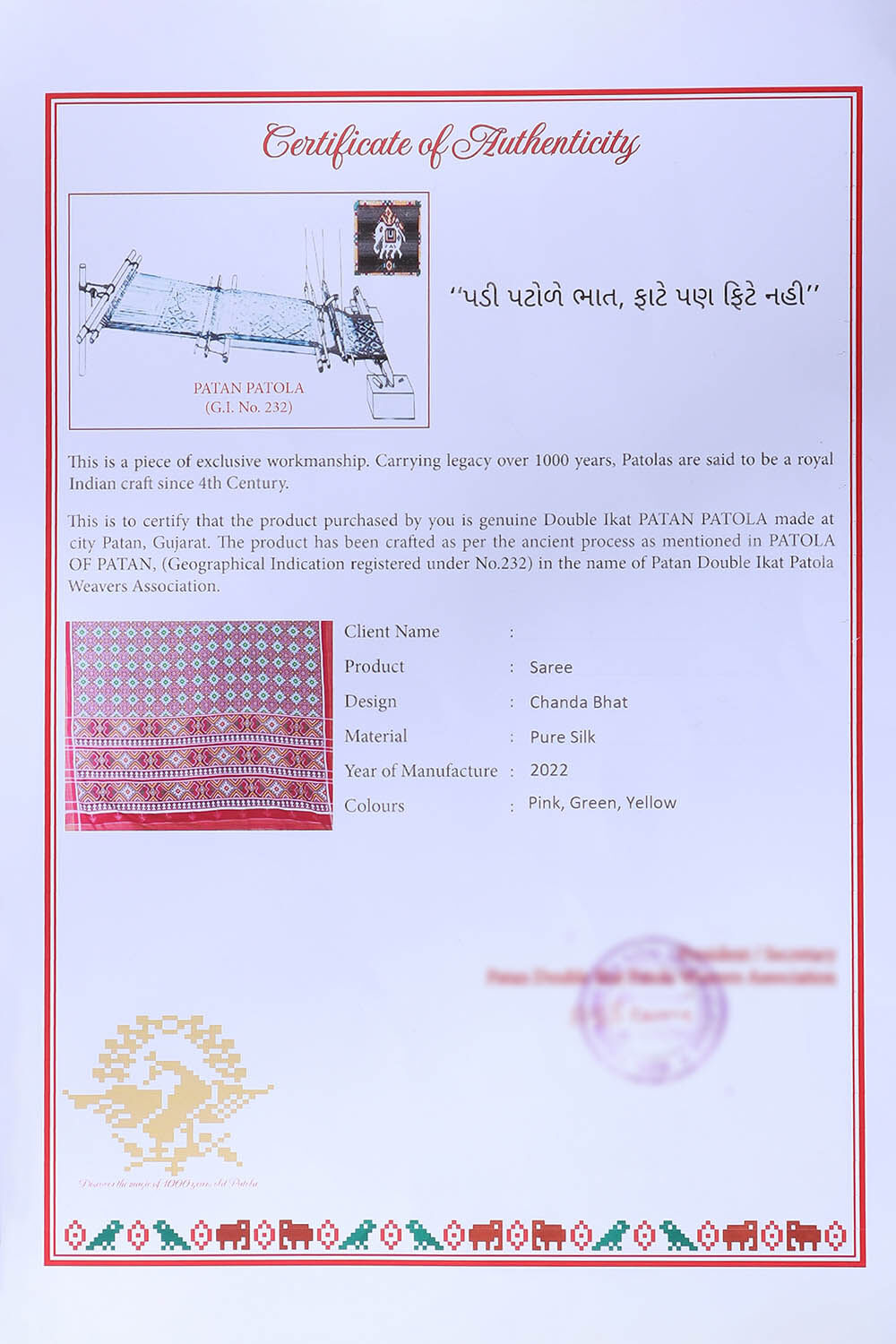 Pink Pure Silk Patan Patola Chanda Bhat Saree image number null