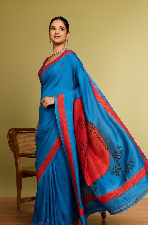 Blue Bengal Pure Silk Kantha Embroidered Saree