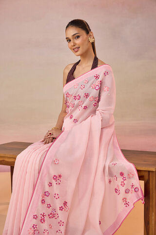 Light Pink Pure Silk Cotton Applique Embroidered Saree thumbnail image number null