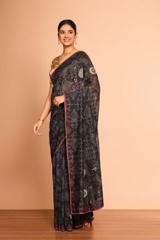 Black Printed Embroidered Pure Silk Cotton Saree thumbnail image number null