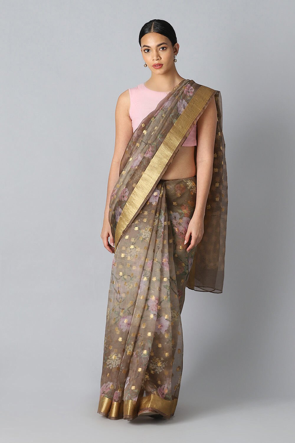 Brown Pure Organza Digital Printed Saree image number null