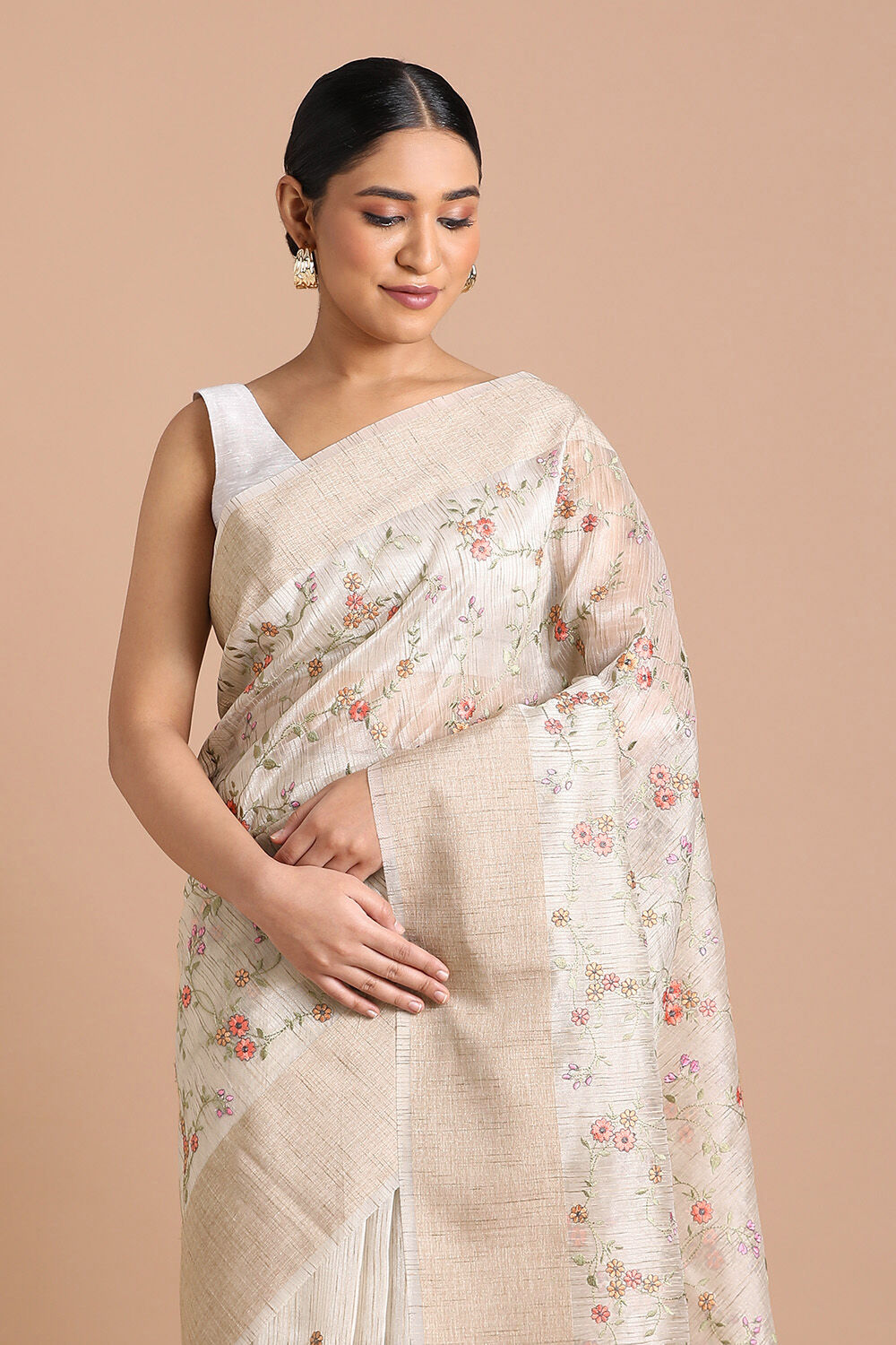 Beige Pure Embroidered Saree image number null