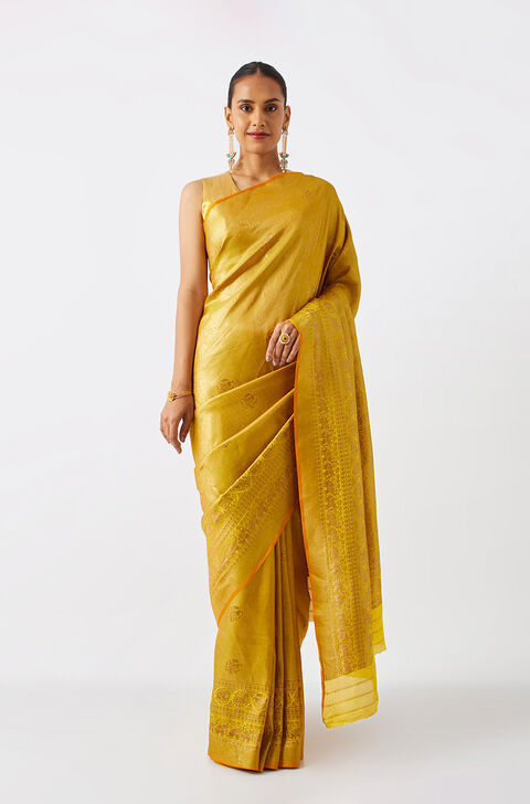 Yellow Pure Crepe Woven Saree