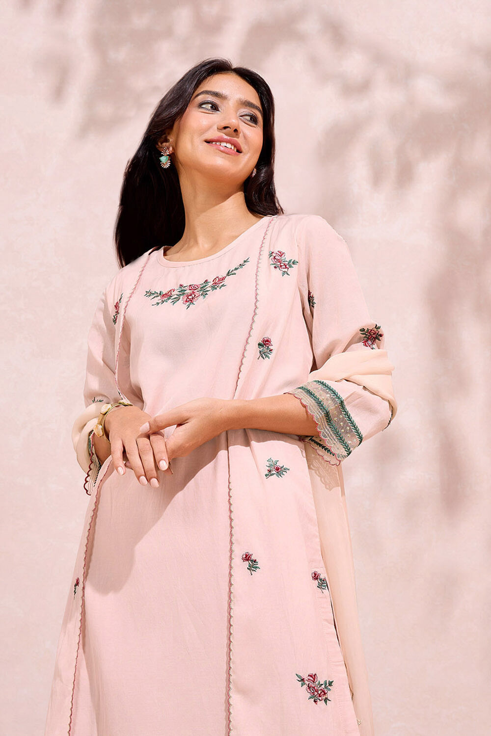 Light Pink Viscose Embroidered Kurta Set image number null