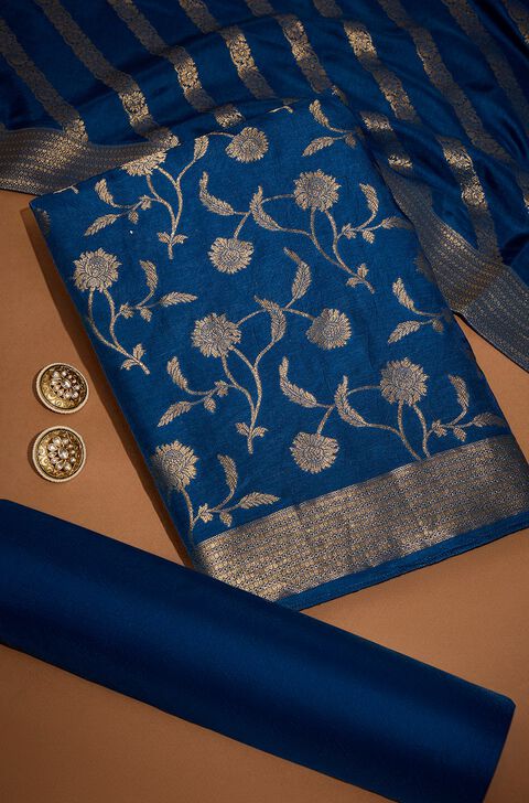 Dark Blue Viscose Cutwork Unstitched Suit Set