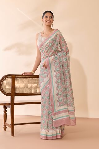 Light Pink Rajasthan Pure Silk Cotton Printed Mukaish Saree image number