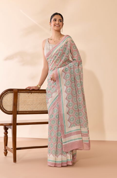 Light Pink Rajasthan Pure Silk Cotton Printed Mukaish Saree