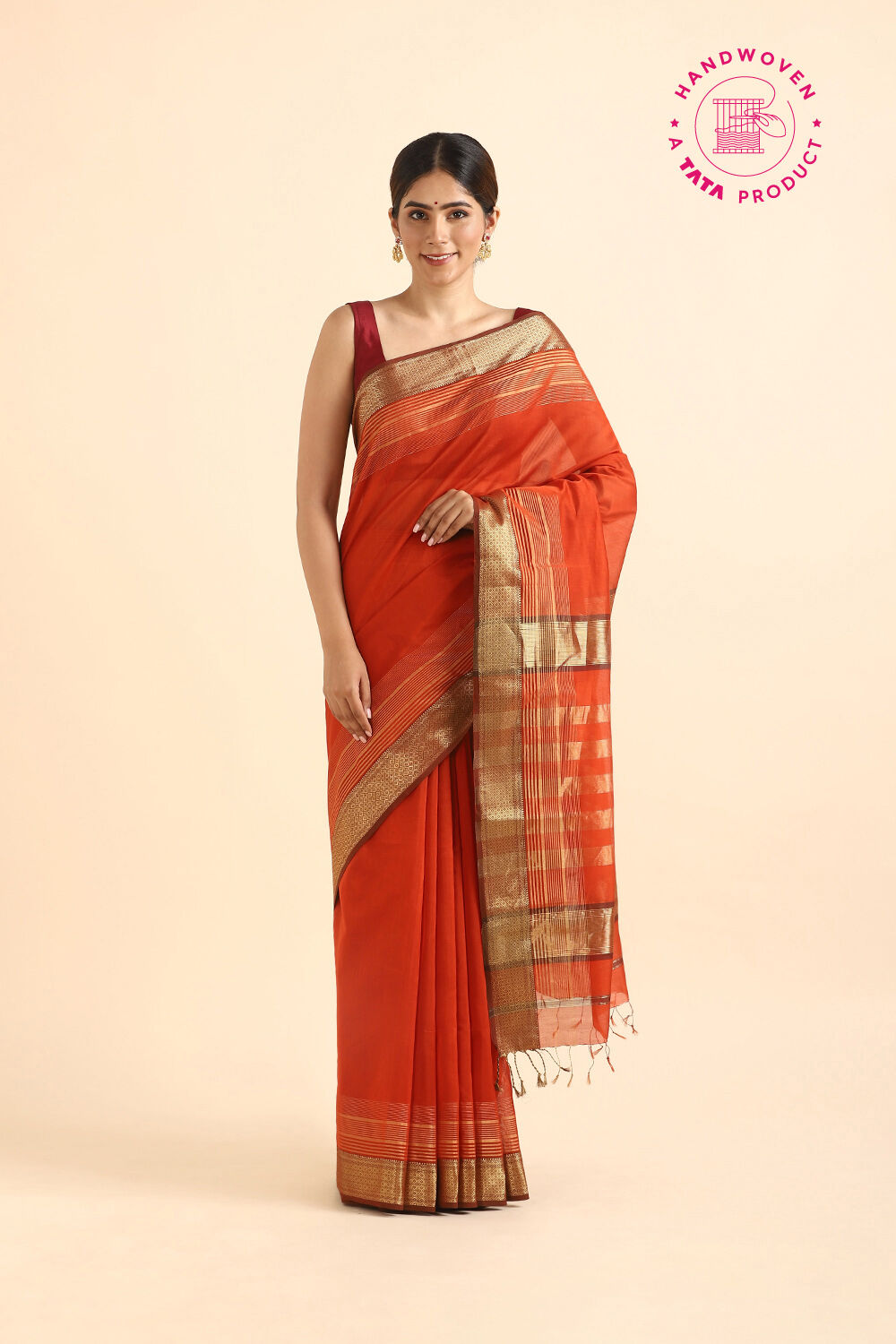 Dark Orange Pure Silk Cotton Maheshwari Saree image number null