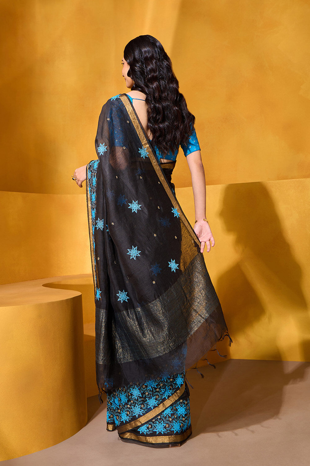 Black Pure Silk Linen Embroidered Saree image number null