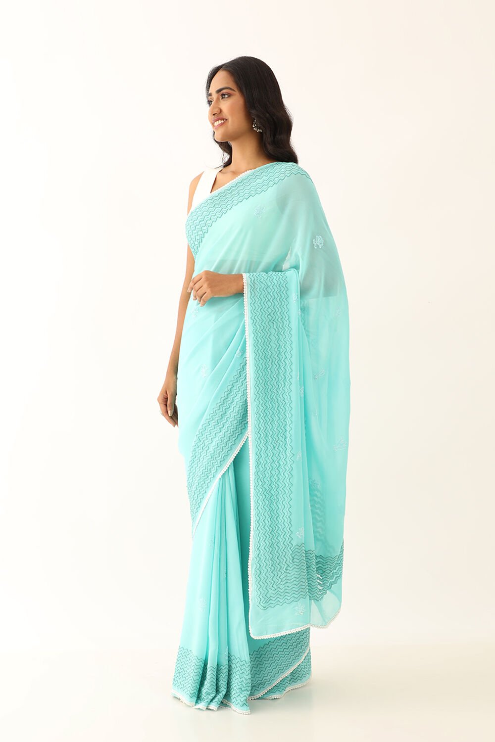 Green Pure Silk Georgette Lucknow Chikankari Saree image number null