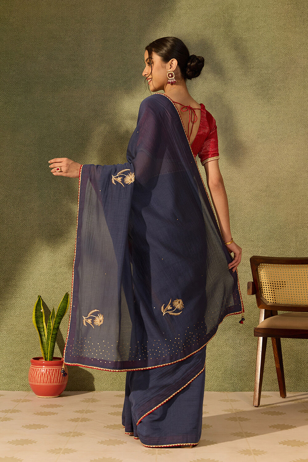 Dark Blue Pure Silk Cotton Embroidered Saree image number null