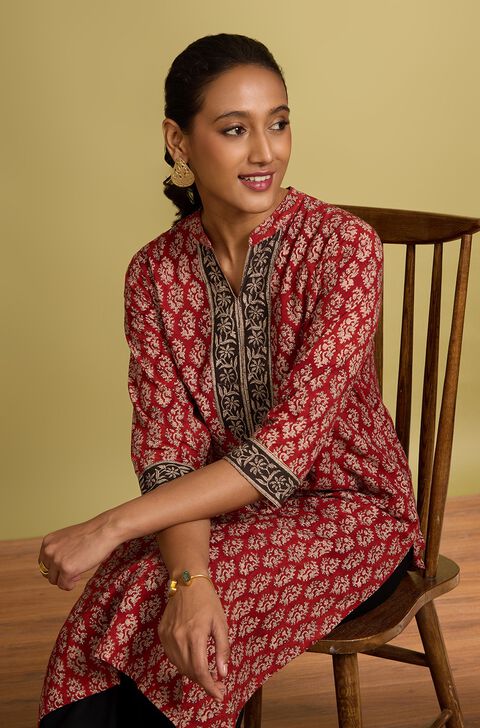 Dark Red Bagru Block Printed Pure Cotton Kurta