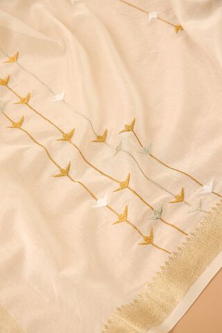 Off White Pure Silk Cotton Embroidered Saree thumbnail image number null