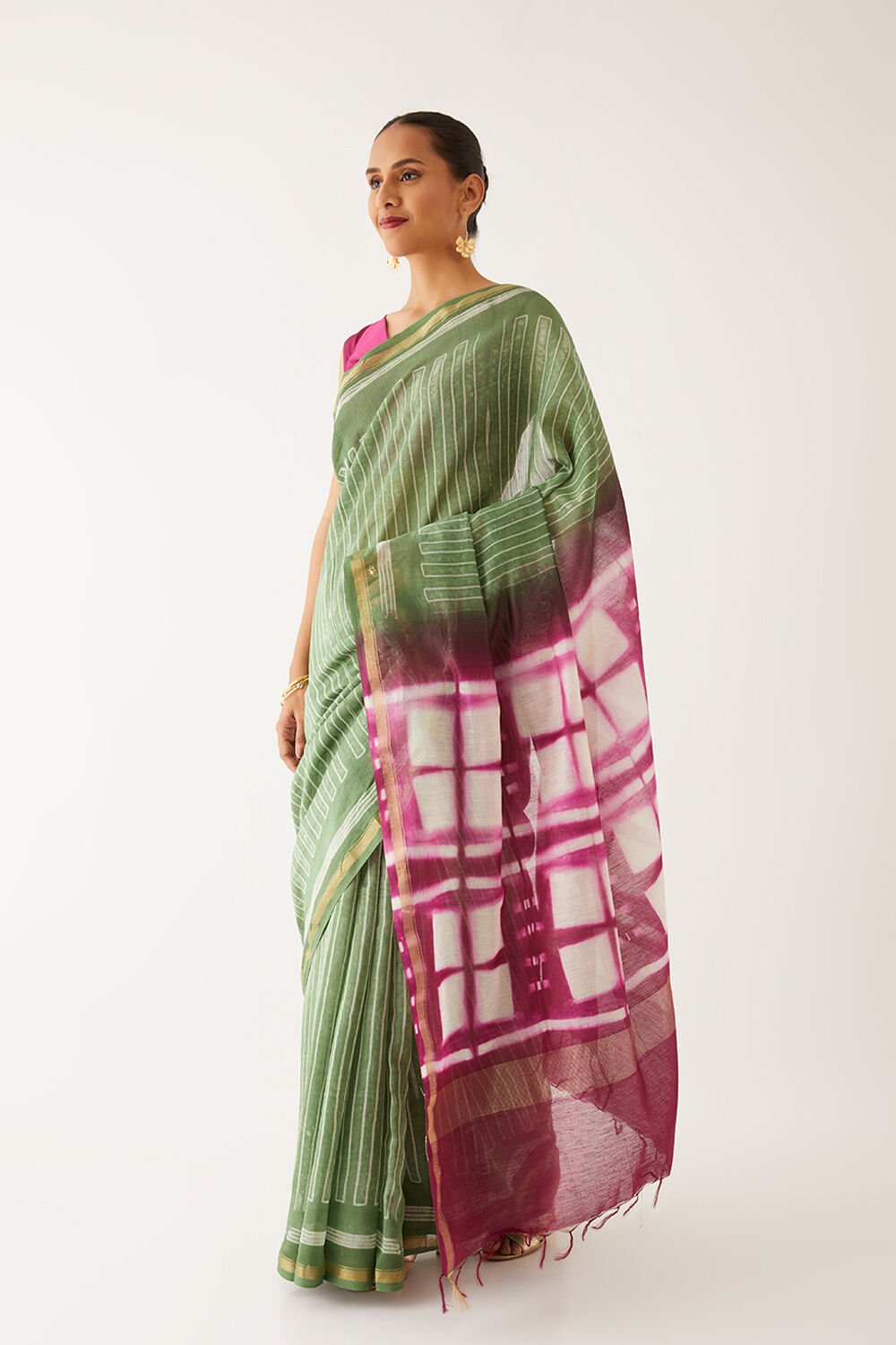 Dark Green Pure Silk Cotton Shibori Saree image number null