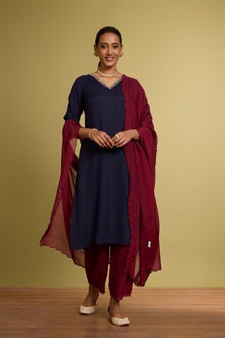 Blue Viscose Cotton Linen Embroidered Kurta Set thumbnail image number null