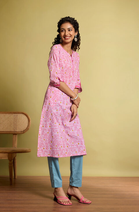 Light Pink Screen Printed Pure Cotton Kurta