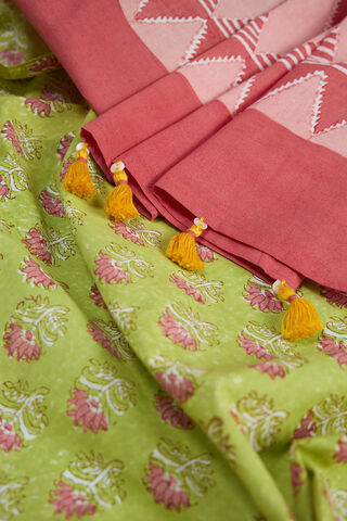 Light Green Pure Cotton Mulmul Block Printed Bengal Saree thumbnail image number null