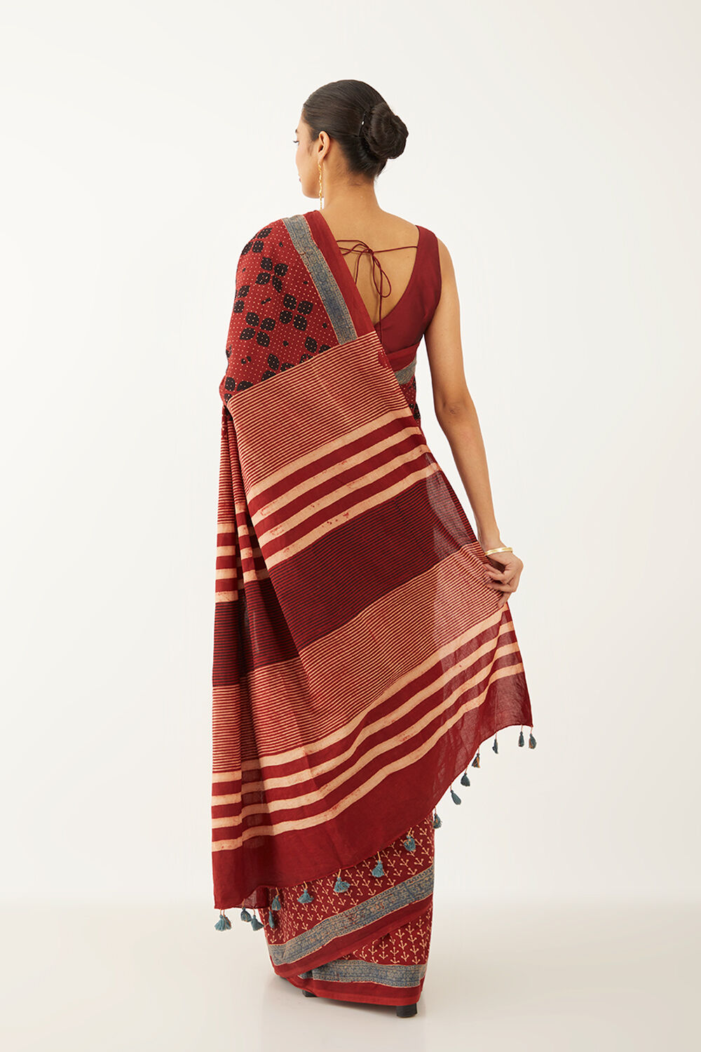 Red Pure Cotton Ajrakh Block Print Saree image number null