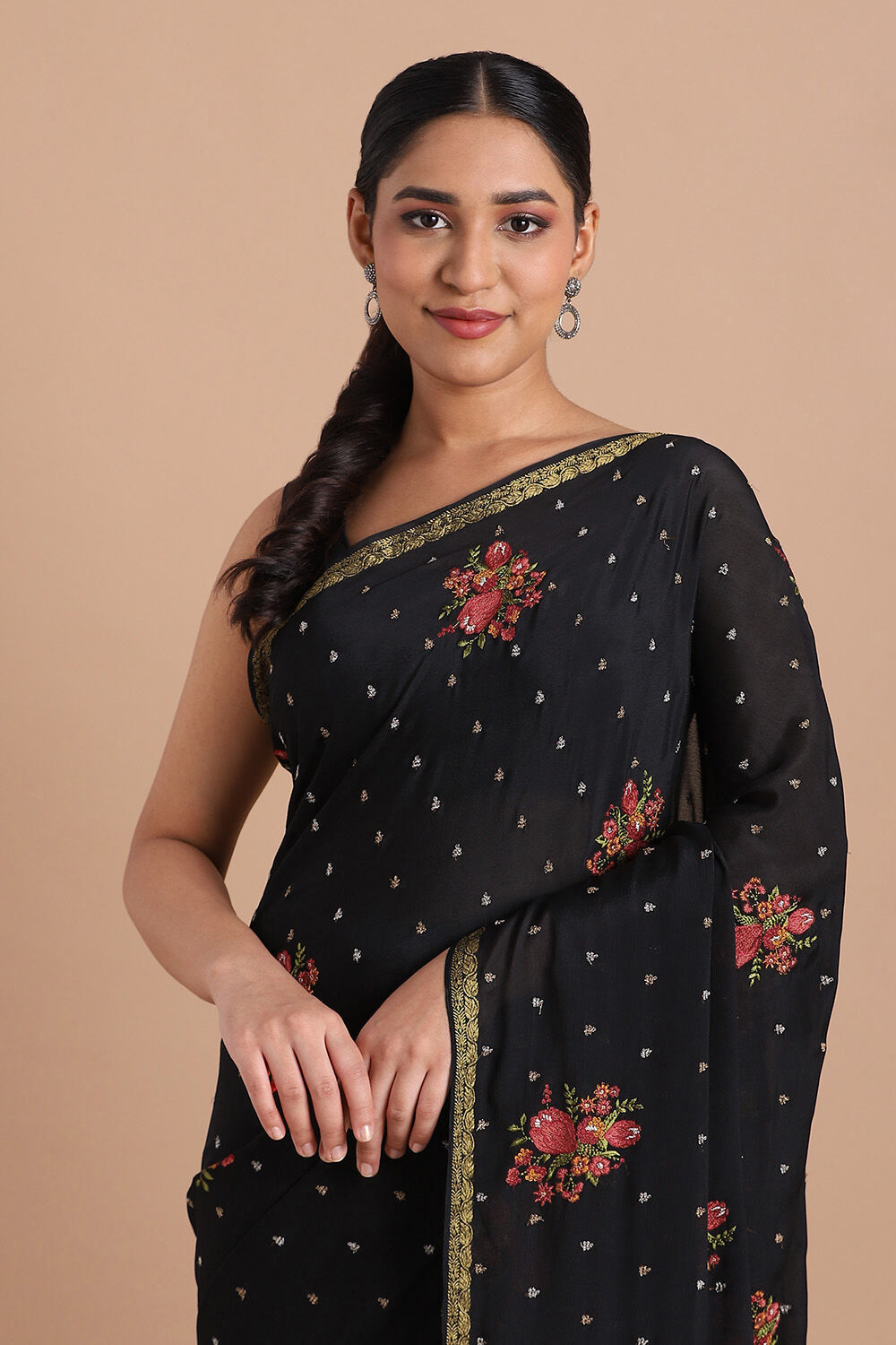 Black Pure Viscose Embroidered Saree image number null