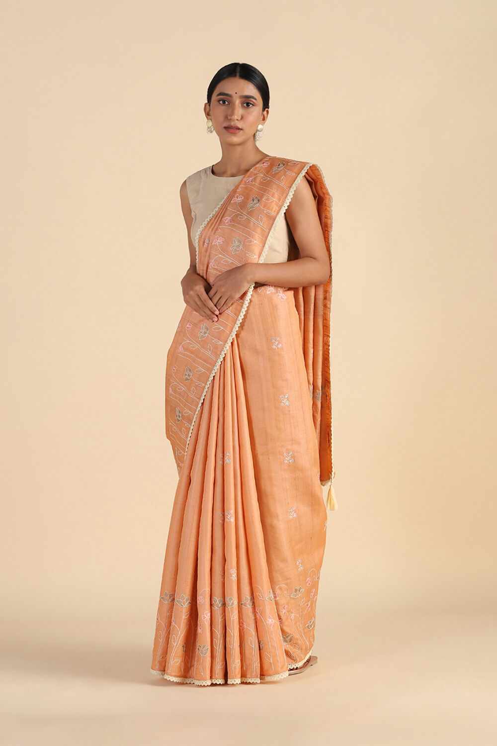 Light Orange Embroidered Pure Tussar Saree image number null